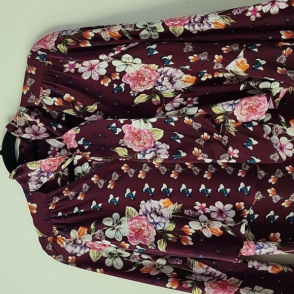 Parker Bohemian Contemporary Maroon Floral Butterflies Silk Blouse Top L (O15) - Picture 9 of 13